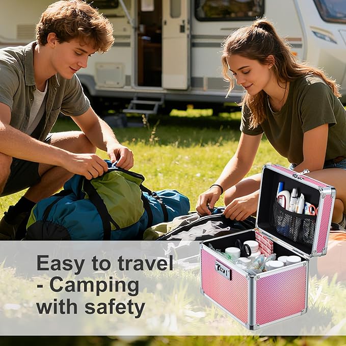 Adazzo Lockable Medicine Storage Box - Shiny Pink Cabinet Med Lock Organizer, 10 x 7 x 9 Inches Safe Case with Combination Lock for Home, Dorm, Office, or Travel