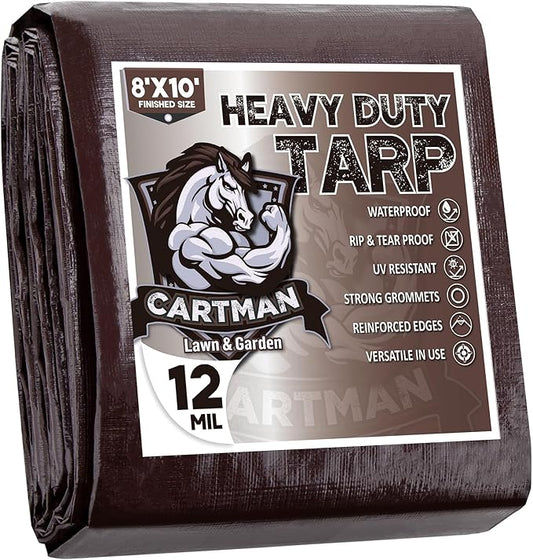 CARTMAN Finished Size 8x10 Feet Extra Thick 12 Mil Heavy Duty Poly Tarp, Multipurpose Protective Cover, UV Resistant, Waterproof Poly Tarpaulin with Reinforced Edges