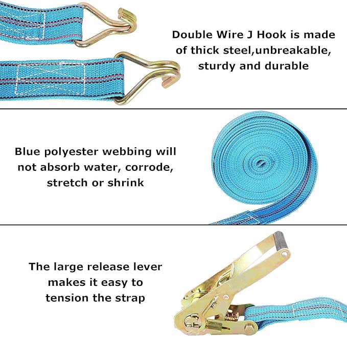 HNBun 2 Pack Ratchet Tie Down Straps, 2 Inch x 33 Feet, 10,000 lbs Break Strength, Heavy Duty Cargo Lashing Straps with Double J Hooks for Trailer, Truck, and Farm Equipment, Blue