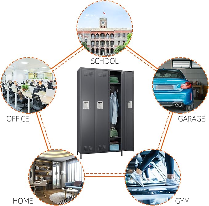 Metal Lockers with 3 Doors, 72" Tall Locker for Employees, Home Office School Gym, Assembly Required, 3 Doors, Dark Gray