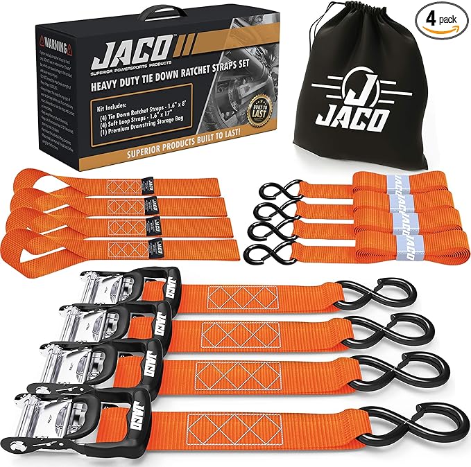JACO Heavy Duty Ratchet Straps - 1.6 inch x 8 ft (Pack of 4) | Tie Down Kit with Soft Loops - 5,208 lbs (Orange)