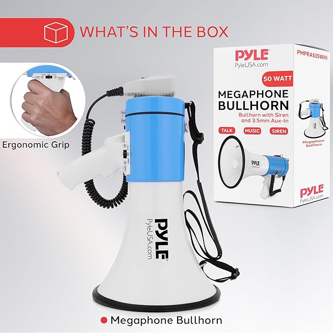 Pyle 50W Megaphone Bullhorn - Portable, Automatic Siren & Adjustable Volume, Projection Range Up to 1200 Square Yards, Aux Input, Talk, Siren, Music, Whistle, & Record, Shoulder Strap (Black)