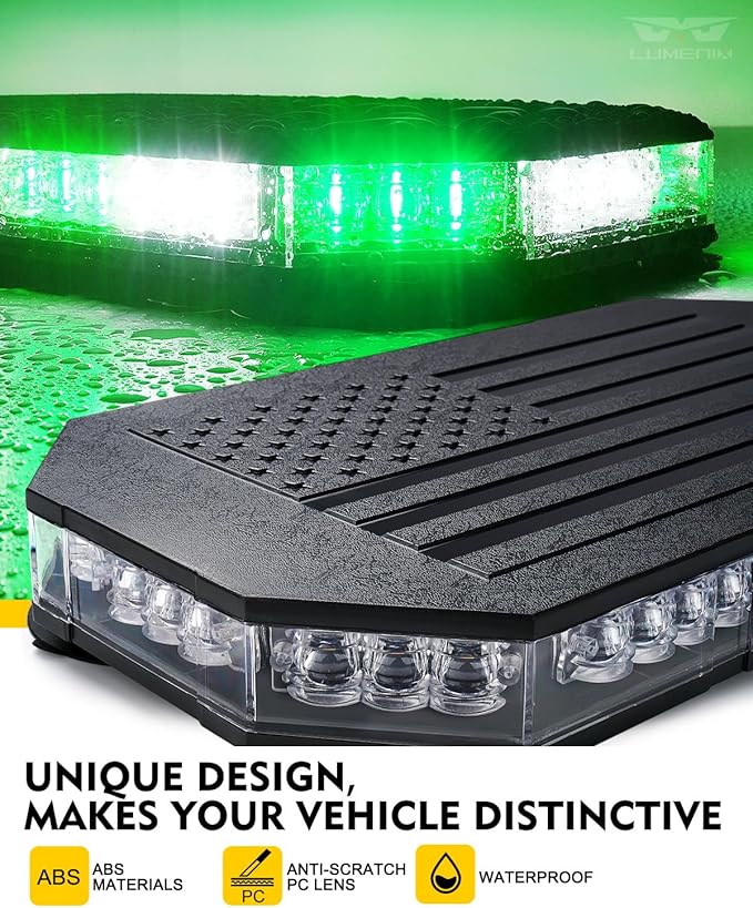 LUMENIX Rooftop Strobe Beacon Lights White Green LED Emergency Flashing Warning Caution Traffic Light Bar for Law Enforcement POV Vehicles Snowplow Trucks - American Flag Pattern | Patented Design