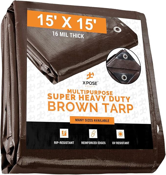 15' x 15' Super Heavy Duty 16 Mil Brown Poly Tarp Cover - Thick Waterproof, UV Resistant, Rip and Tear Proof Tarpaulin with Grommets and Reinforced Edges - by Xpose Safety