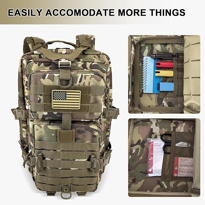 MOLLE Assault Backpack, Tactical Backpack Military Army Camping Rucksack, 3-Day Pack Trip w/USA Flag Patch, D-Rings, Cp