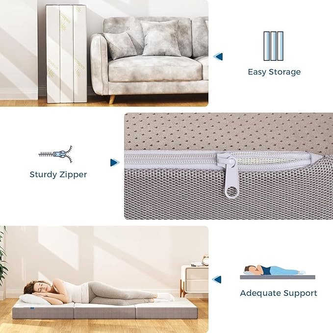 Inofia 6 Inch Folding Mattress, Memory Foam Tri-fold Mattress with Removable Cover, Foldable Floor Bed, Medium Firm, Twin XL Size (80" x 39" x 6")