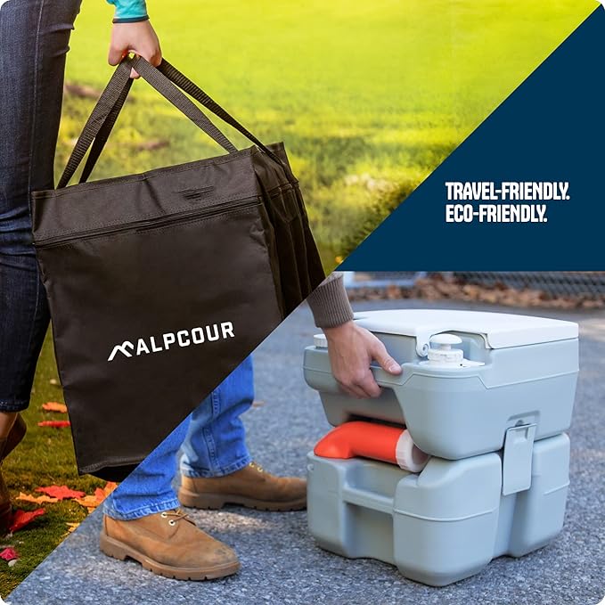 Alpcour Portable Toilet – Compact Indoor & Outdoor Commode w/Travel Bag for Camping, RV, Boat – Piston Pump Flush, Built-in Pour Spout & Washing Sprayer for Easy Cleaning