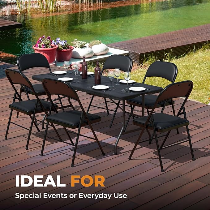 8 Pack Leather Chair | Foldable & Stackable | 350 lbs Capacity Steel Frame Seats for Indoor or Outdoor | Commercial Use Events Wedding Party Events Bulk Picnic Kitchen Dining - Black