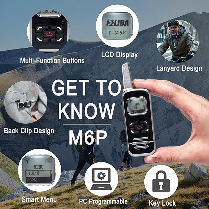 M6P Mini Walkie Talkies,1100mAh Battery Rechargeable,128 Channels,Long Range Walkie Talkies with FM Radio Function,LCD Display,Portable Two Way Radio for Trip Camping Hiking Workplace,2 Pack