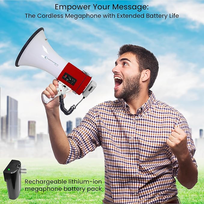 Technical Pro Portable 75-Watt Megaphone Bullhorn Speaker w/Detachable Microphone w/Rechargeable Battery, a Built-in AC Wall Charger, Good for Trainers, Soccer, Coaches, Cheer Leaders