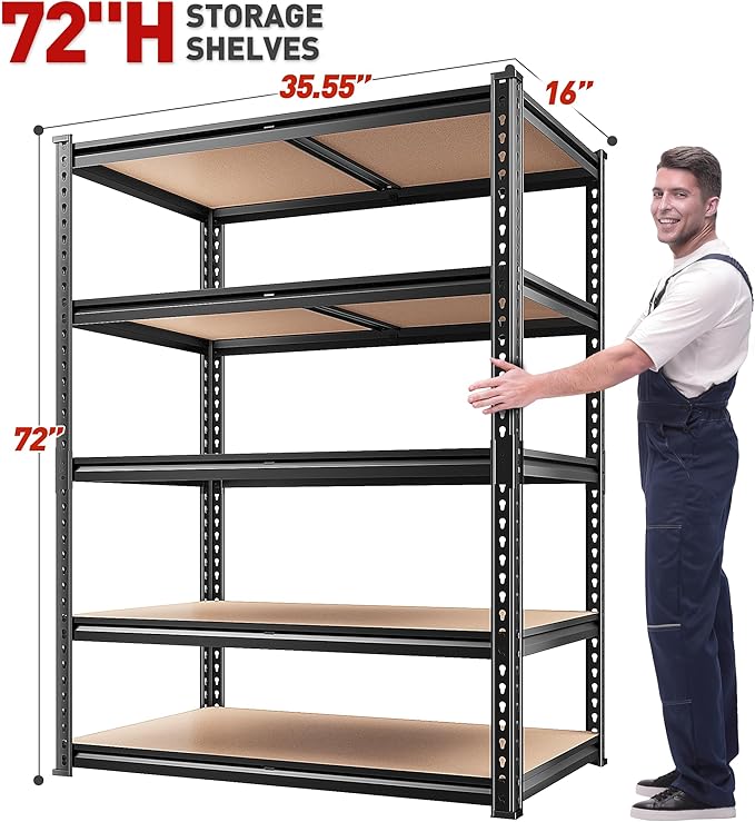REIBII 2020LBS Storage Shelves 5 Tier Garage Shelving Heavy Duty, Adjustable Metal Shelving, Garage Shelves for Basement, Warehouse, Pantry, Closet, Kitchen 72" H x 35.55" W x 16" D, Black, 4 Pack