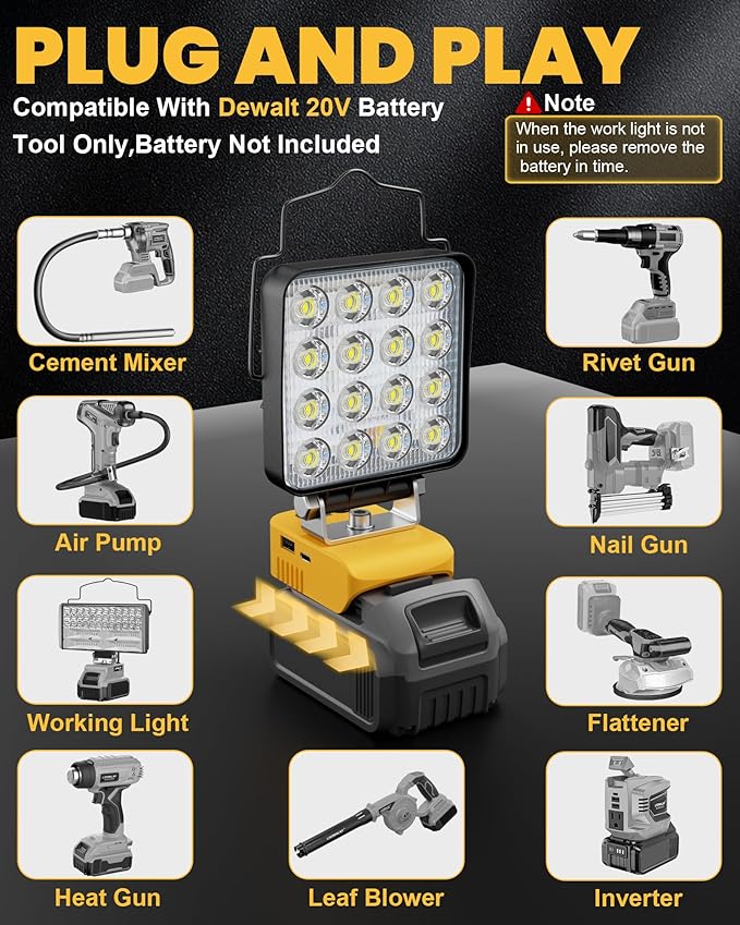 LIVOWALNY Cordless LED Work Light Compatible with Dewalt 20v Battery, 70W 7000LM Flashlight Portable LED Flood Battery Light with USB A & USB C Charging Output Port for Emergency Outdoors and Job Site
