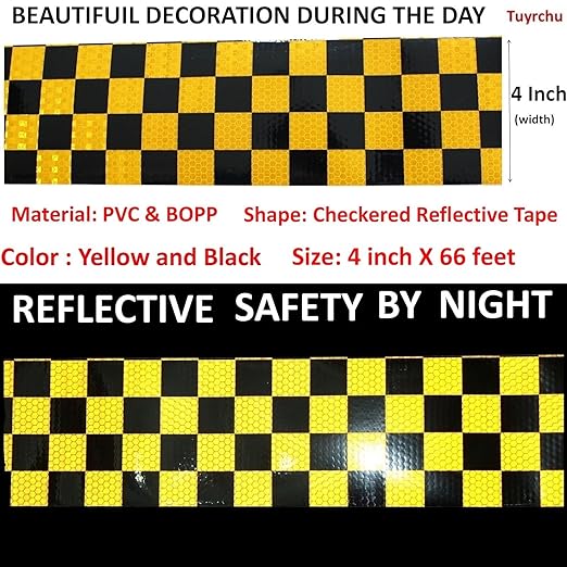 Yellow and Black Reflective Tape 4 inch X 66 feet, Outdoor Waterproof Hazard Conspicuity Warning Industrial Marking Tape