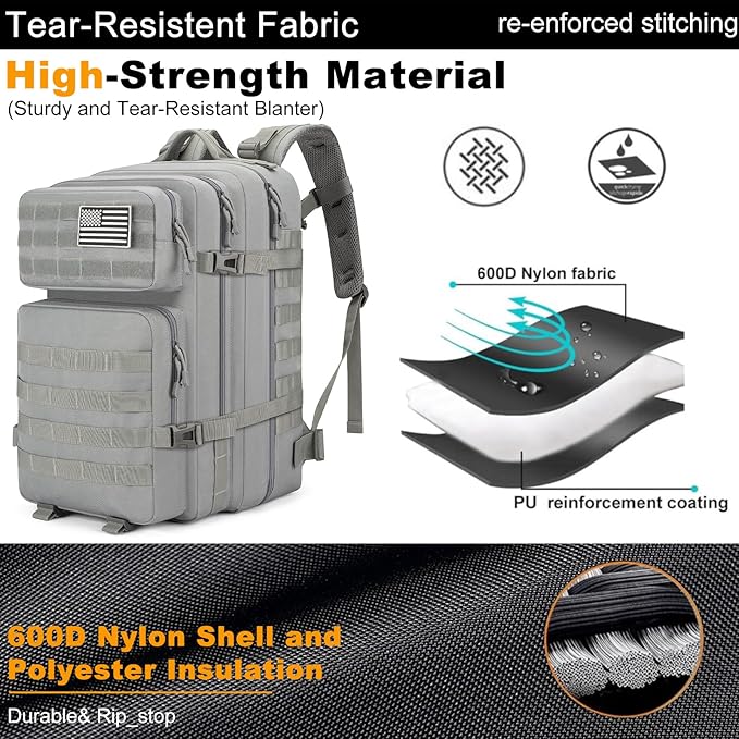 Tactical Backpack 45L Army Military Rucksack, Water Resistant MOLLE Pack, Large 3 Day Bug Out Bag for Men & Women, Durable Outdoor Gear for Hiking, Camping, Hunting, Travel (Grey)