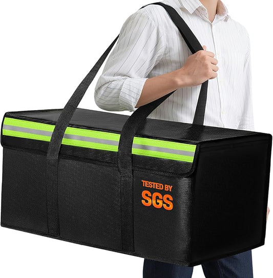 Large Fireproof Document Bags 24x12x12in, Fireproof Document Box for Cash, Photo Albums, Valuables, Extra Large Fireproof Bag Waterproof Document Storage with Reflective Strip, Black