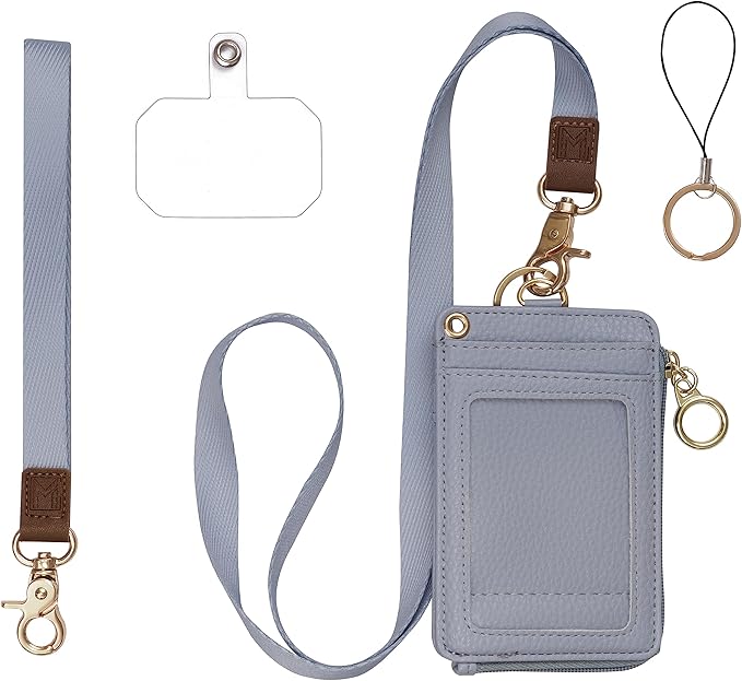 2-in-1 ID Badge Holder & Lanyard Wallet - Multi-Use Womens Small Wallet with Removable Wristlet & Neck Lanyard, Clear Window, 5 Card Slots, Phone Holder, Ring Keychain - Blue