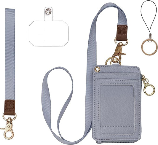 2-in-1 ID Badge Holder & Lanyard Wallet - Multi-Use Womens Small Wallet with Removable Wristlet & Neck Lanyard, Clear Window, 5 Card Slots, Phone Holder, Ring Keychain - Blue