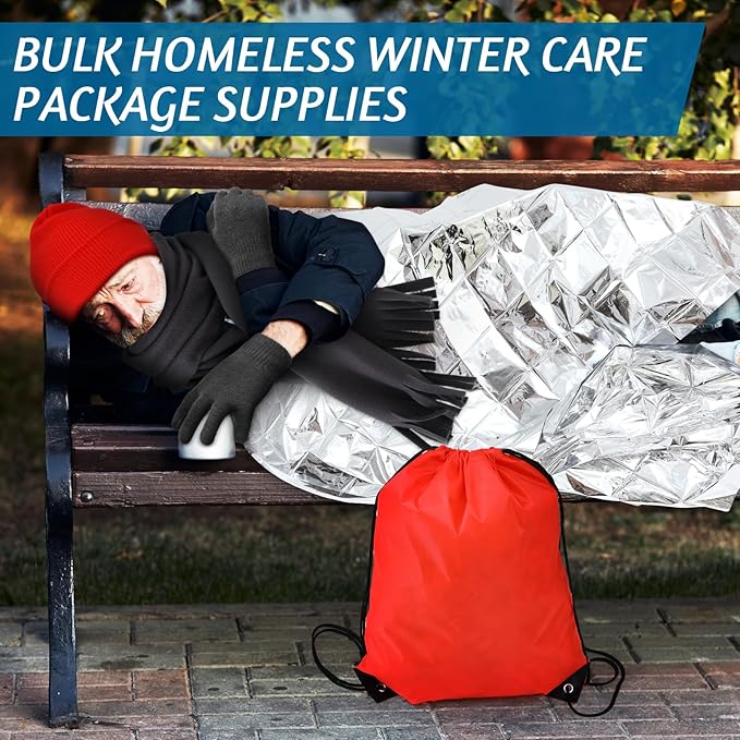 Suhine 72 Pcs Homeless Care Package Supplies Bulk Winter Emergency Blanket Glove Beanies Scarves Sock Drawstring Bag Unisex
