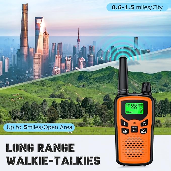 Walkie Talkies 2 Pack Walkie talkies with Rechargegable for Adults, 22 Channel FRS 2-Way Radios Walky Talky with LED Flashlight for Climbing, Camping Trip and Family Emergency Kit(2 Pack Orange).