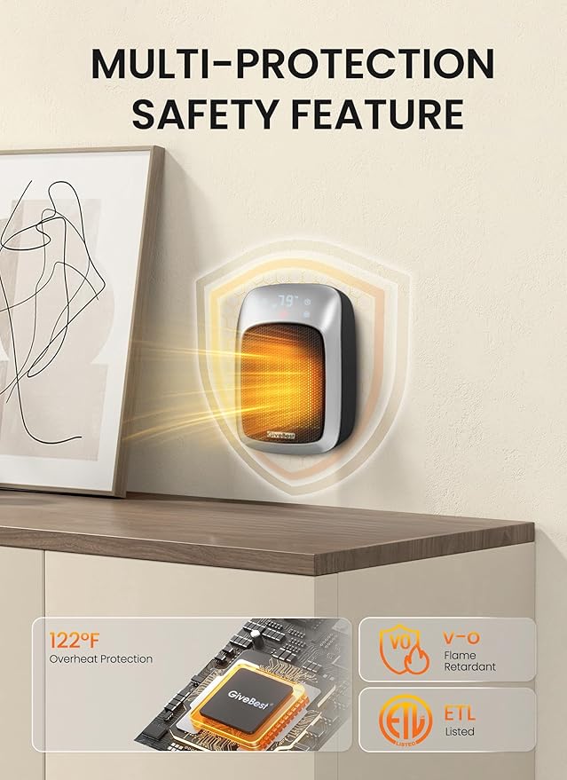 GiveBest Plug in Wall Space Heater With Remote, 800W Small Outlet Heater With Adjustable Thermostat, Memory Function, 12H Timer, LED Display for RV, Home Office, Bathroom Indoor Use