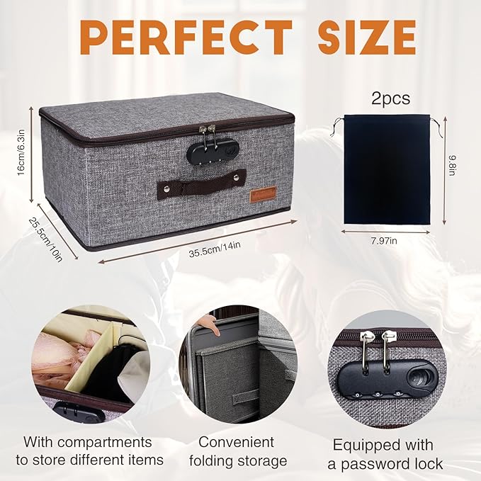 Locking Adult Game Toy Storage Organizer Lock Box Toy Storage Bins Game Toys Storage Bags with 2 Drawstring Bags, Large capacity 14 x 10 x 6.3 Inches (Gray with lock slot)
