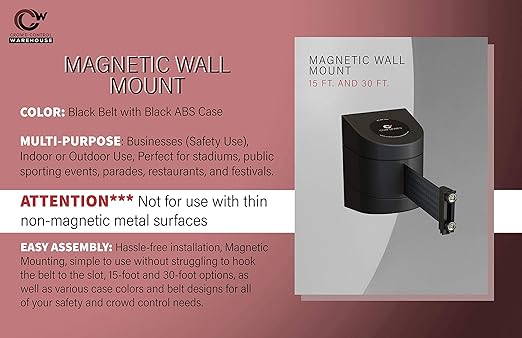 Crowd Control Warehouse - CCW Series WMB-230 Magnetic Wall Mount Retractable Belt Barrier - 30 Foot, Black Belt with Black ABS Case