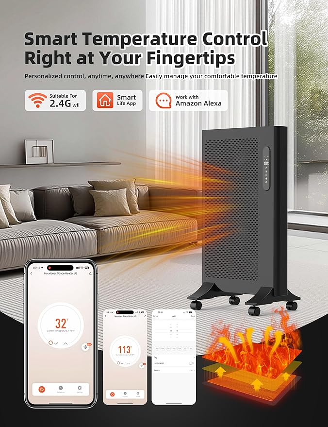 Mica Infrared Space Heater, 1500W Portable Panel Heater for Indoor Use, Large Room, WiFi Smart App & Alexa Control, Fast Heating, Energy Efficient, Quiet, Black