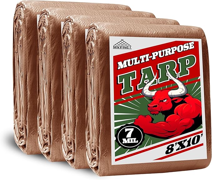 Tarp 8x10(4 Packs) ft 100% Waterproof 7mil Durable Grommets and Reinforced Edges,Uv Resistant,Green/Brown Tarp,Emergency Rain Shelter,Outdoor Cover and Camping Use -by MVPNET