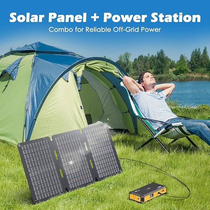 JIYHF Portable Power Station 99.9Wh with Foldable Solar Panel 30W, Laptop Charger & Backup Power with 65W USB-C PD, 100W AC Outlet, 12V DC Output, LED Light for Camping, Home Backup, Emergency, RV