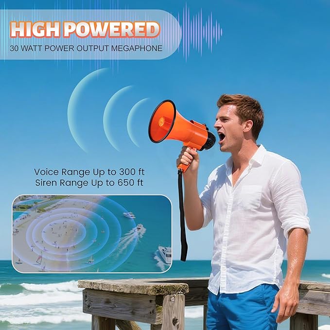 30 Watt Power Portable Megaphone Bullhorn Speaker Voice, Siren/Alarm and 240S Recording with Volume Control and Strap