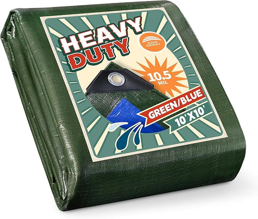 RAINDEWAY Tarps Heavy Duty Waterproof 10x10 Feet,10.5 Mil Waterproof Tarps for Outdoors,Multipurpose Poly Tarp Cover with Metal Grommets and Reinforced Edges,Green/Blue