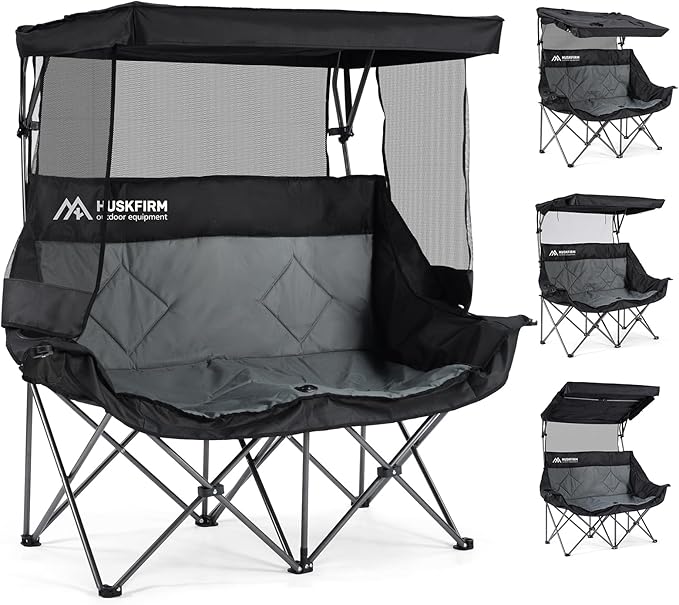 Double Camping Chair with Canopy Shade Folding Double Beach Chair with Adjustable Canopy Heavy Duty Loveseat Camping Chair with Two Cup Holders and Carry Bag for Outside, Beach Fishing Sports