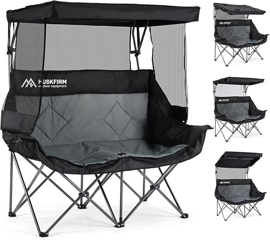 Double Camping Chair with Canopy Shade Folding Double Beach Chair with Adjustable Canopy Heavy Duty Loveseat Camping Chair with Two Cup Holders and Carry Bag for Outside, Beach Fishing Sports
