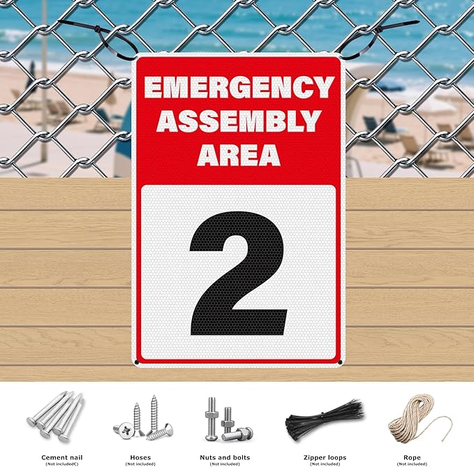 2 Pack Emergency Assembly Area 2 Sign 18 × 12 Inches Aluminum Metal Reflective Safety Signage with Pre-Drilled Holes for Business Construction Site Warehouse