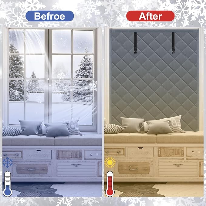 Winter Insulated Window Cover 47in x 63in Thermal Insulated Window Cover 3 Layer Oxford Cloth Cotton Windows Blanket Heavy Duty Windows Insulation Kit for Winter to Keep Warm, Gray