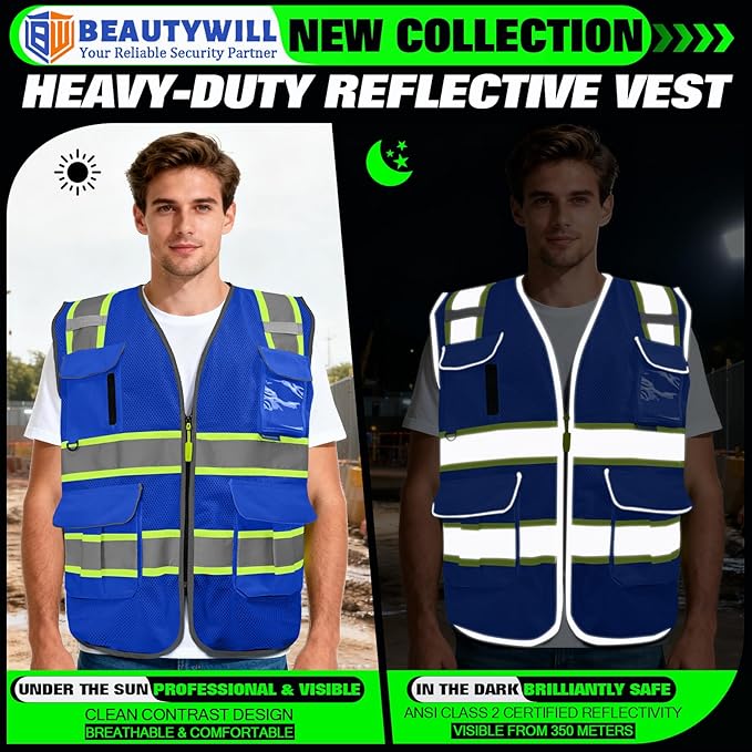 BeautyWill 10 Pack Custom Logo Safety Vest ANSI Class 2 High Visibility Reflective Vest Personalized Construction Vest Bulk