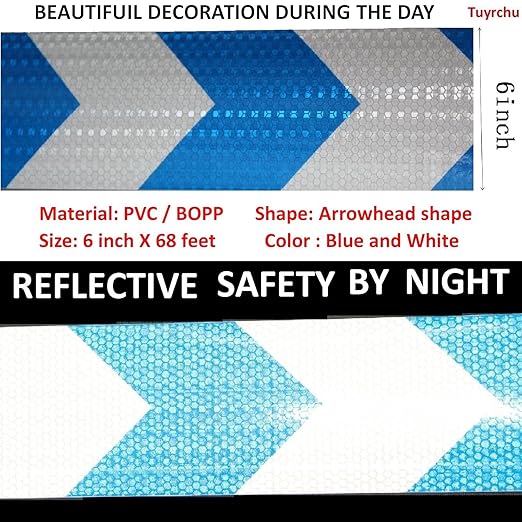 Reflective Tape Blue White Outdoor Waterproof 6 in x 68 FT, Warning Reflective Stickers, Conspicuity Safety Marking Tape