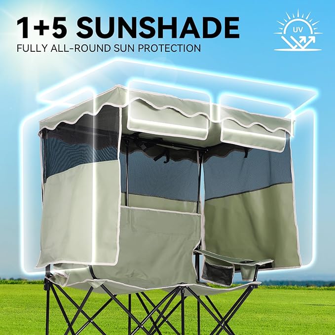 Double Camping Chair with Shade Canopy 2 Person Folding Chair with Canopy Portable Beach Chair Heavy Duty Camping Chair with Two Cup Holders and Side Pocket for Outside Camping,Beach,Sports