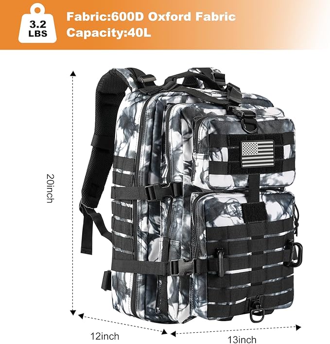MOLLE Assault Backpack, Tactical Backpack Military Army Camping Rucksack, 3-Day Pack Trip w/USA Flag Patch, D-Rings, Black White camo