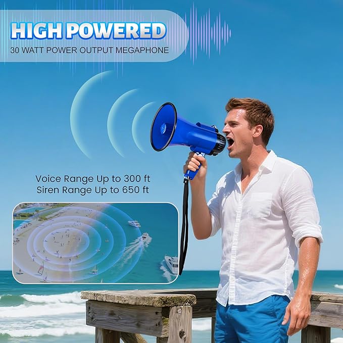 30 Watt Power Portable Megaphone Bullhorn Speaker Voice, Siren/Alarm and 240S Recording with Volume Control and Strap