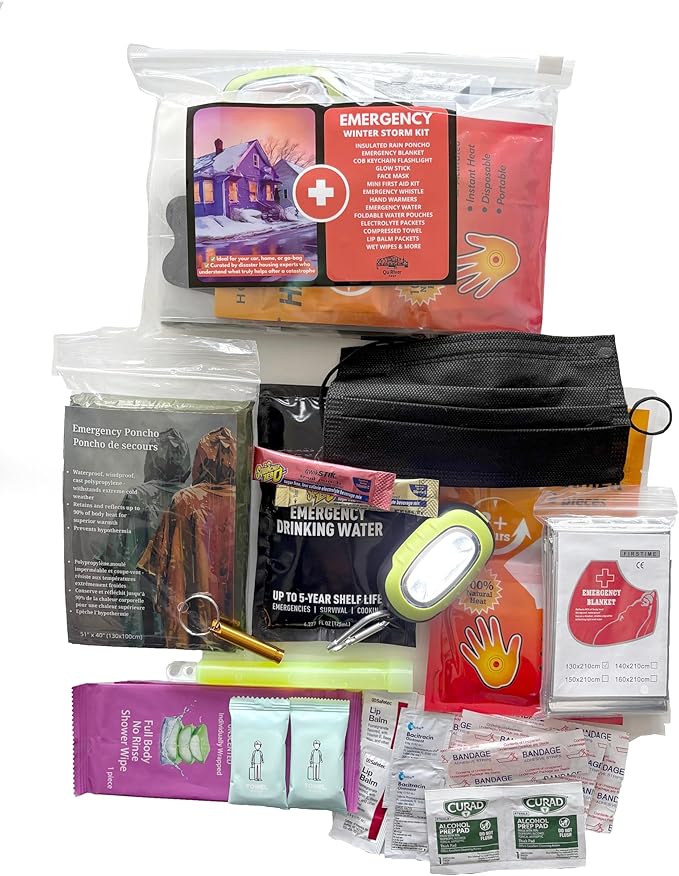 Winter Storm Emergency Kit with COB Keychain Light, 15 Essential Items (30 Pieces Total) with Rain Poncho, Blanket, First Aid, Emergency Water