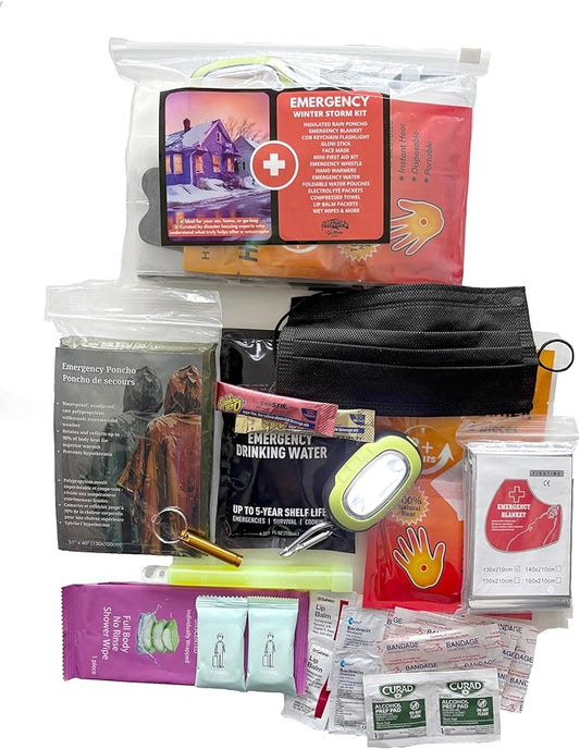 Winter Storm Emergency Kit with COB Keychain Light, 15 Essential Items (30 Pieces Total) with Rain Poncho, Blanket, First Aid, Emergency Water