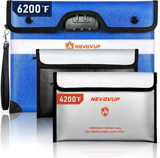 6200F Fireproof Bag with Lock, A5 Document & Cash Protection, 9 Layers Heat Insulated, Reflective Strip, 360 Fire Resistant, Water Resistant Zipper & Lock, PLUS 4200F Fire Bag for Cash