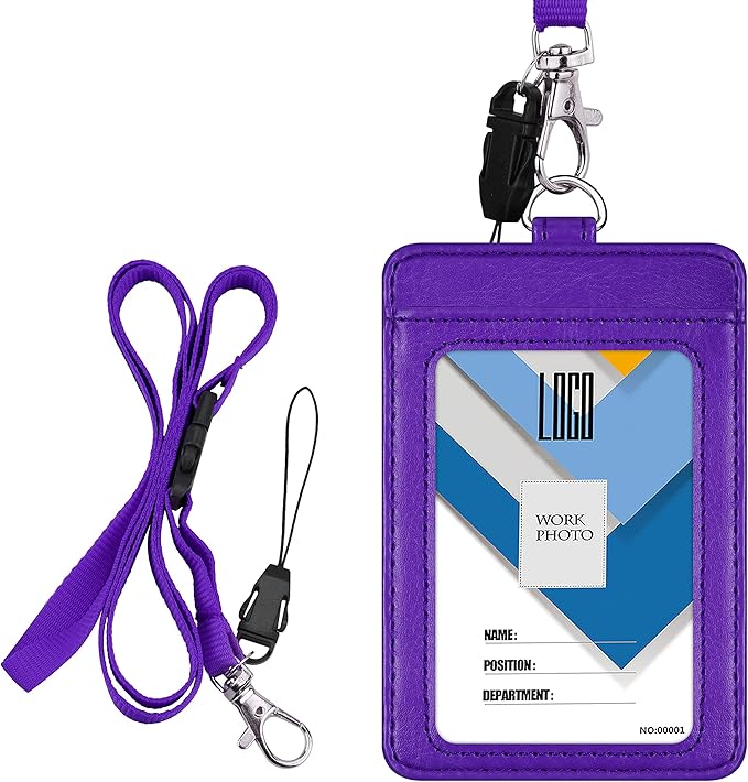 Badge Holder, Wisdompro School Supply 2-Sided PU Leather College ID Badge Card Holder Wallet Case with 1 Clear ID Window and 1 Credit Card Slot and 22 Inch Detachable Neck Lanyard - Purple (Vertical)