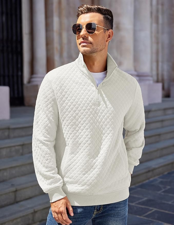 COOFANDY Mens Quarter Zip Pullover Quilted Sweatshirt Knit Long Sleeve Mock Neck Sweater Polo with Pocket
