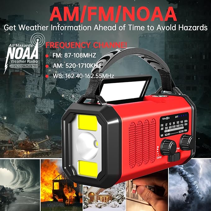 Emergency Radio Hand Crank Solar, AM/FM/NOAA Weather Radio Built-in 20000mah Battery Powered,Type-C Charger,Flashlight, Reading Light,SOS, Compact & Portable for Camping/Emergencies