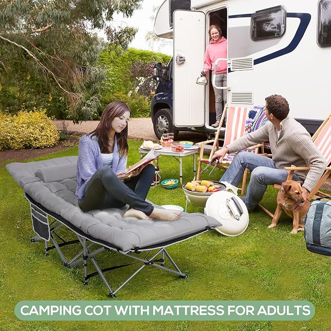 2 Pack Wide Folding Camping Cots with Pillow & Extra Thick 3 Inch Matress, Cots for Sleeping 900 LBS, Camping Bed for Adults with Cushion, Sleeping Cot (Grey)