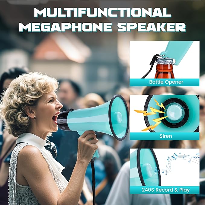 MyMealivos 20W Megaphone Bullhorn, Built in Siren & 240s Recording, 5.4"×8.6" Portable Megaphone with Volume Control Cover Up to 300 feet+ for Indoor and Outdoor Activities(Teal)