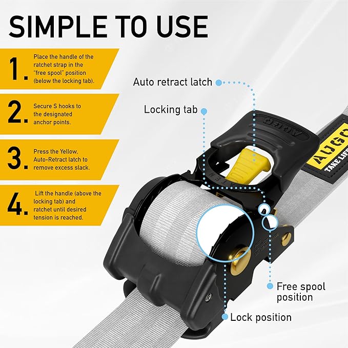 AUGO Retractable Ratchet Straps | 2 Heavy Duty Ratchet Straps Self Retractable Tie Downs with Soft Loops & Storage Bag for Motorcycle, Truck, Trailer, Cargo Van | 3000 Lb Break Strength 2” x 10’