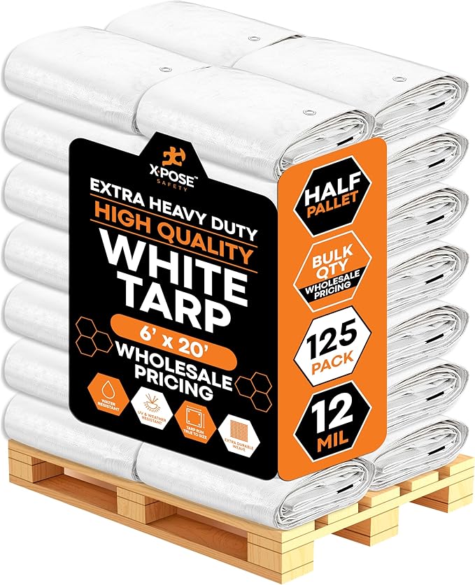 Heavy Duty White Poly Tarp 6' X 20' - Bulk Half Pallet (125 Pack) - Multipurpose Protective Cover - Durable, Weather Proof & Tear Resistant - 12 Mil Thick Polyethylene - by Xpose Safety